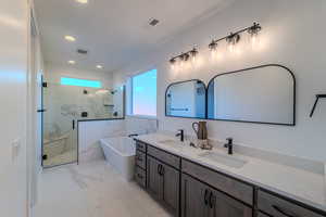 Bathroom featuring tile patterned floors, separate shower and tub, and vanity