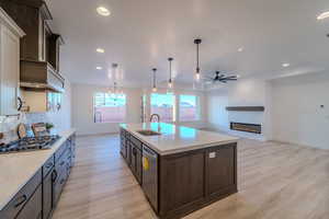 Kitchen with sink, tasteful backsplash, plenty of natural light, and light hardwood / wood-style flooring