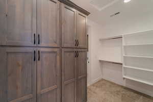 Walk in closet with light colored carpet