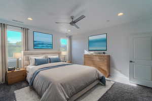 Bedroom featuring carpet and ceiling fan