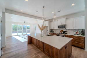 Kitchen with sink, decorative backsplash, light hardwood / wood-style flooring, and stainless steel appliances