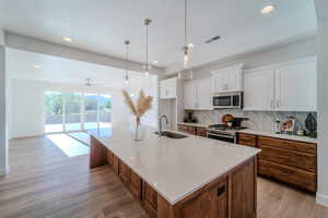 Kitchen featuring white cabinetry, light hardwood / wood-style flooring, tasteful backsplash, appliances with stainless steel finishes, and sink