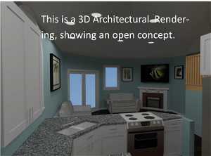 3D Architectural Rendering showing an open concept if the wall were removed. This is conceptual/Virtual/demonstration.