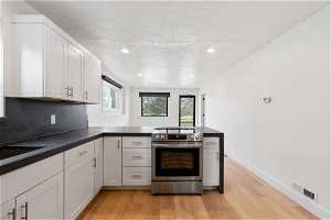 Kitchen featuring white cabinets, backsplash, light hardwood / wood-style floors, and electric stove