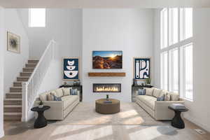 Example photo actual stair railing, fireplace and colors may be different