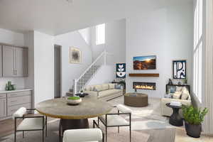 Example photo actual stair railing, fireplace and colors may be different