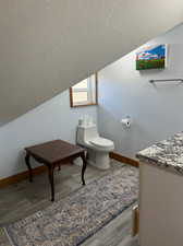 Bathroom with LVP flooring, vaulted ceiling, and toilet