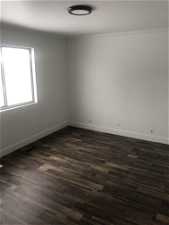 Spare room featuring crown molding and dark wood-type flooring