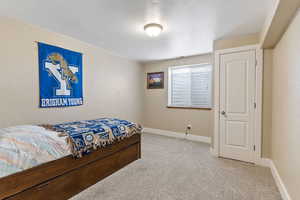 Bedroom featuring light carpet