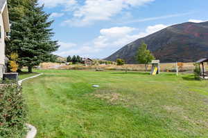 View of yard with a playground and a mountain view