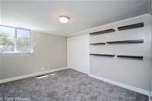 Spare room with crown molding and carpet floors