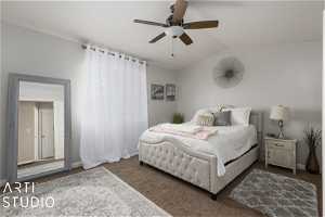 Bedroom with lofted ceiling, ceiling fan.