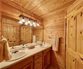 Bathroom featuring wooden ceiling, wood walls, and double sink vanity
