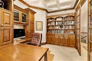 Office space featuring ornamental molding, beamed ceiling, and coffered ceiling
