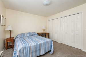 Bedroom with carpet flooring, a baseboard radiator, and multiple closets