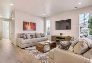 Living room featuring a healthy amount of sunlight and hardwood / wood-style flooring