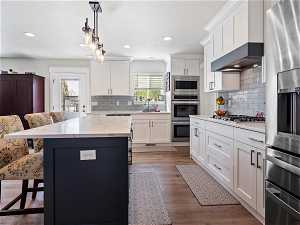 Kitchen with plenty of natural light, tasteful backsplash, stainless steel appliances, and dark hardwood / wood-style flooring