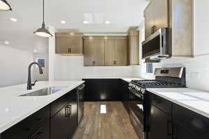 Kitchen with light hardwood / wood-style flooring, decorative light fixtures, backsplash, sink, and appliances with stainless steel finishes