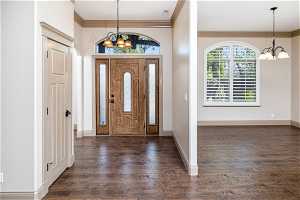 Entrance foyer featuring a chandelier, crown molding, and dark hardwood / wood-style floors