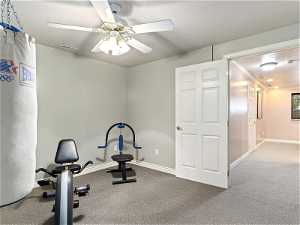 Exercise room featuring ornamental molding, ceiling fan, and carpet floors