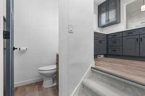 Powder bathroom with LVP wood-type flooring, vanity, and toilet