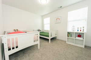 View of carpeted bedroom #2 featuring walk-in closet and large windows