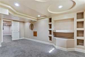 Basement featuring built in shelves, carpet, and a textured ceiling