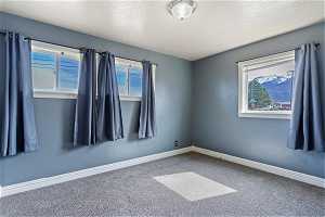 Unfurnished room featuring a wealth of natural light, carpet flooring, and a textured ceiling