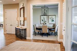 Formal dining or living room with custom chandelier