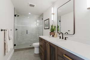 Full bath featuring vanity and a shower stall