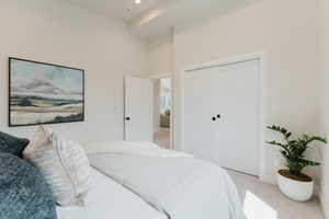 Bedroom featuring light carpet, a closet, and a high ceiling