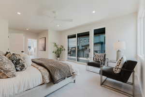 Bedroom featuring access to exterior, carpet, recessed lighting, and ceiling fan