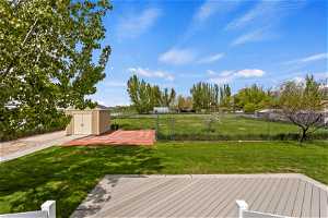 Spacious No Maintenance Deck and View of Backyard, Fenced Back Pasture, Fruit Trees and Storage Shed