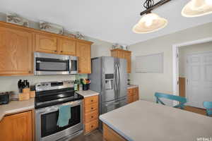 Kitchen with hanging light fixtures, stainless steel appliances, and dark wood-type flooring