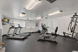 Workout area with a textured ceiling