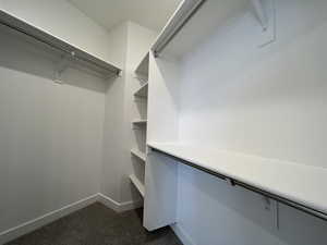 Walk in closet with dark colored carpet