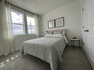 Bedroom featuring multiple windows and dark carpet