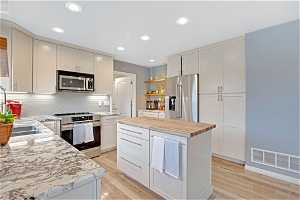 Kitchen featuring a center island, white cabinets, light wood-type flooring, backsplash, and stainless steel appliances