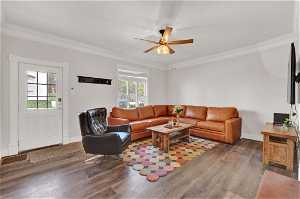 Living room with ornamental molding, hardwood / wood-style flooring, and a wealth of natural light
