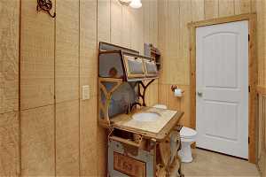 Bathroom with vanity, toilet, and wooden walls