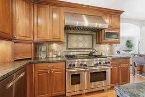 Kitchen featuring backsplash and Wolf Range