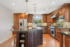 Kitchen with hardwood and a kitchen island