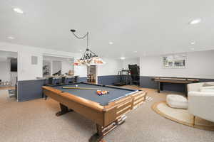 Rec room with carpet and billiards