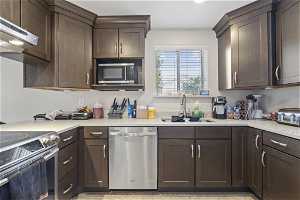 Kitchen featuring appliances with stainless steel finishes, dark brown cabinets, sink, and extractor fan