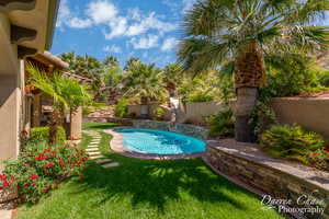 View of swimming pool with a lawn and a water slide