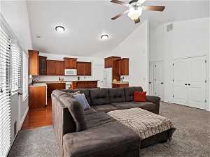 Carpeted living room featuring high vaulted ceiling, ceiling fan, and sink