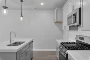 Kitchen with tasteful backsplash, dark hardwood / wood-style floors, stainless steel appliances, decorative light fixtures, and sink