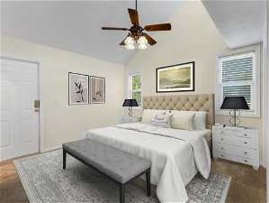 Bedroom featuring lofted ceiling, ceiling fan, and carpet