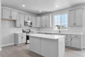 Kitchen with light hardwood / wood-style flooring, a center island, gray cabinets, appliances with stainless steel finishes, and sink