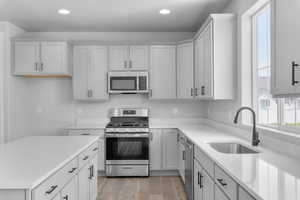 Kitchen with white cabinetry, stainless steel appliances, light hardwood / wood-style floors, and sink